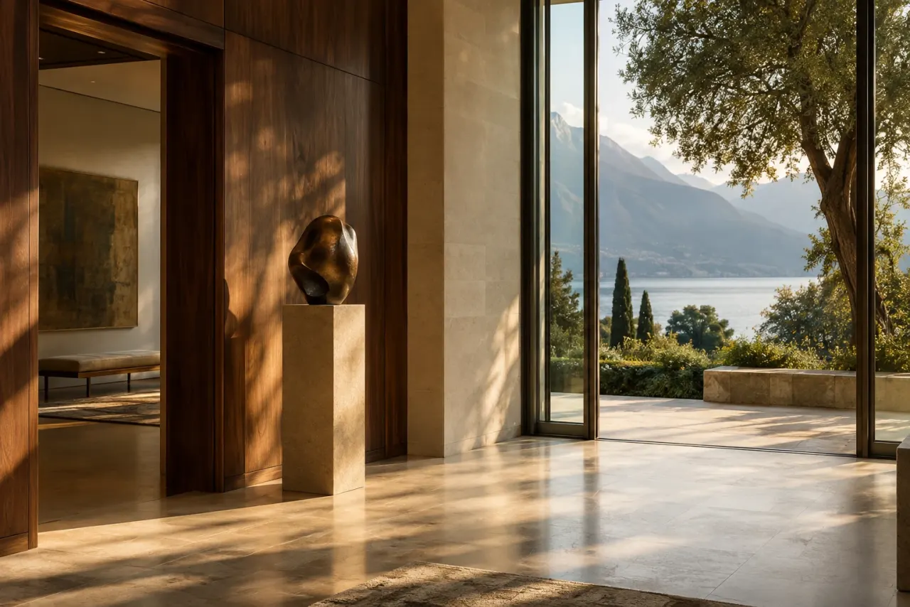 Sunlight in a quiet gallery overlooking a lake